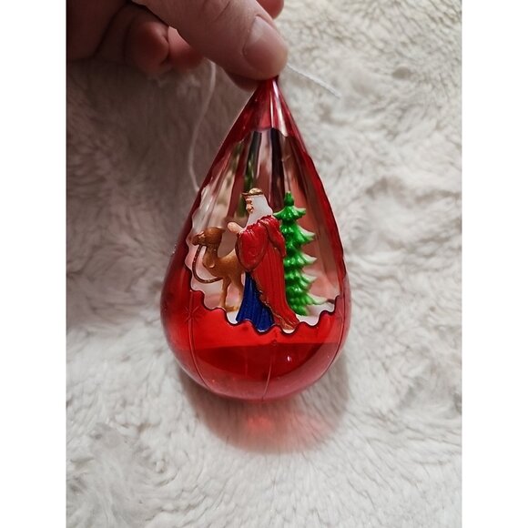 Vintage Jewelbrite Christmas Ornament Teardrop 3-D Diorama Wiseman & Camel Red - Picture 1 of 5